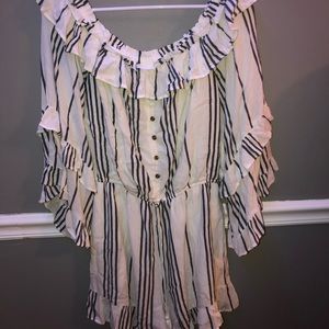 off the shoulder blue and white romper